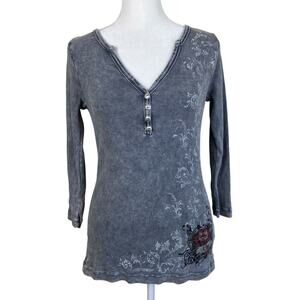 One World Sz L Vtg Y2K Grunge Rose Graphic Print Henley Top 3/4 Grey Distressed